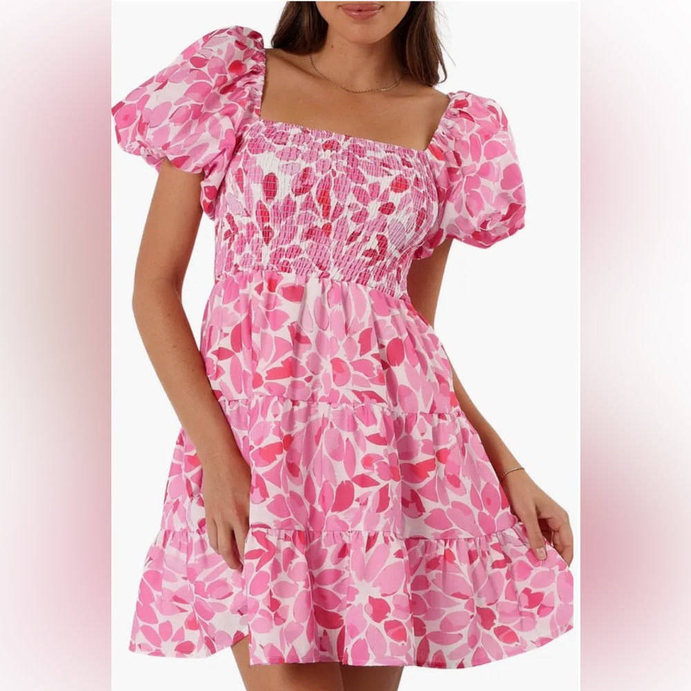 Pink Puff-Sleeve Floral Smocked Mini Dress Petal and Pup